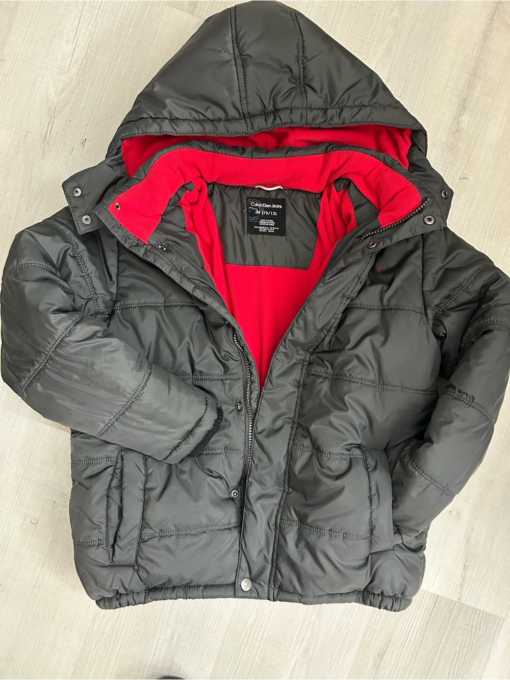 Calvin Klein Jeans Black Puffer Jacket with Red Fleece Hood
